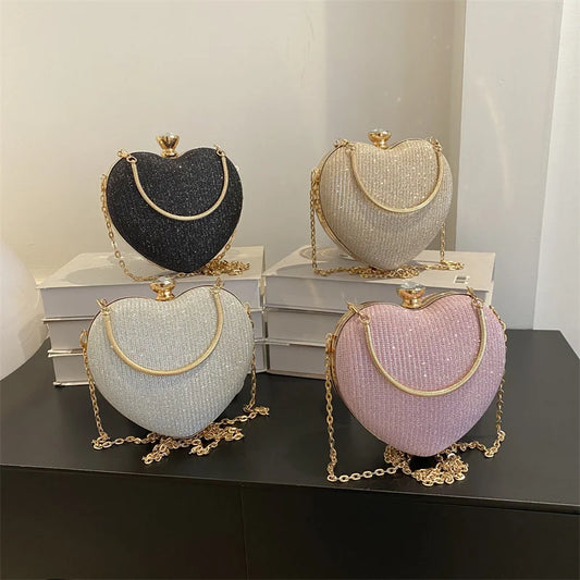 Shiny Heart Shape Metal Evening Clutch Bag for Women | Fashion Chain Shoulder Crossbody Bag (Luxury Lady Purse)