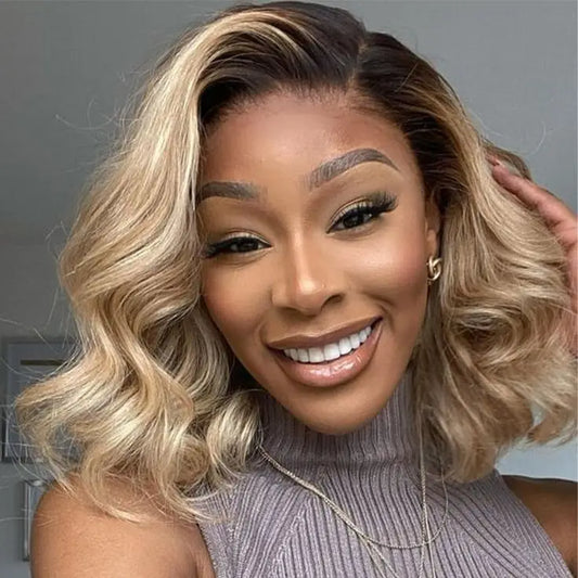 Honey Blonde Wavy Lace Front Wig with Shadow Roots | HD Lace Human Hair Wig | Multi-Parting