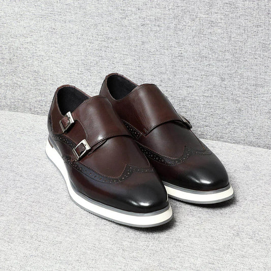 Luxury Men's Double Buckle Monk Strap Flats | Genuine Leather Casual Walk Shoes (Dark Brown, Black)