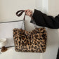 National Style Simple Women's Leopard Tote Bag | Lady Luxury Fluffy Shoulder Bag & Chain Large Capacity Commuter Handle Bag