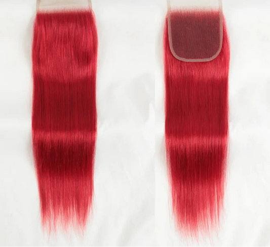 180% Density Red Straight 4x4 Lace Closure | 100% Brazilian Human Hair (Pre-Plucked, Transparent Swiss Lace)