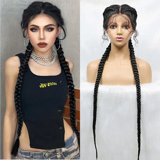 Handmade Double Dutch Cornrow Braided Wig | Natural Black Lace Front | Baby Hair | Kanekalon Synthetic Wig for Women