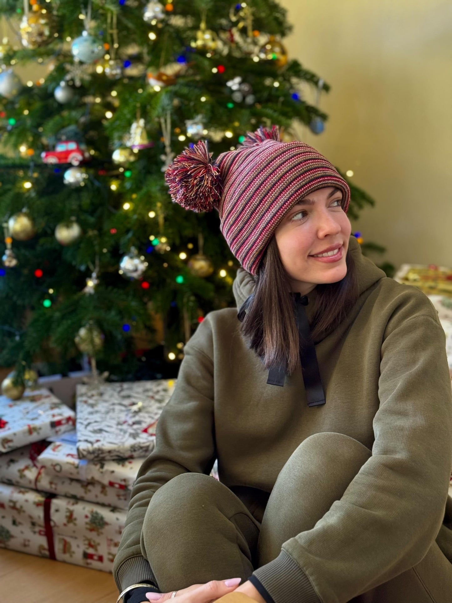 Haakwear Double Pom Pom, H Stitch Beanie, Multi Color Hat