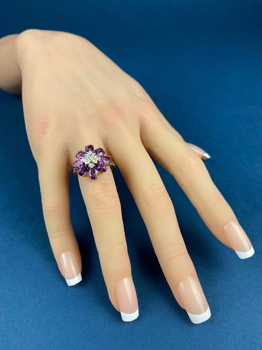 Vintage 10k Gold Amethyst and Diamond Ring. Vintage Gifts for Her.