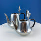 Vintage 6 Piece Pewter Coffee & Tea Serving Set with Filigree Tray. Metawa, Holland. Mid Century Modern Early Art Deco. Rattan Bamboo Handle