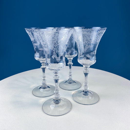 Vintage Cambridge Minerva Clear Etched Crystal Wine Goblets. Stunning Stem Design. Intricate Etching. Set of 4 Stemware. Dining Room Decor.