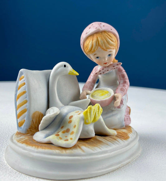 Porcelain Figurine by Lefton of Girl Feeding Sick Goose with Message: "Giving is Loving." Get Well Soon Gift. Gratitude to Doctor Friend.