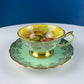 Vintage Mint Green and Gold Tea Cup & Saucer with Fruit Motif. Paragon Fine Bone China. Peaches, Plums, Berries. Gift for Him Her Tea Lover.