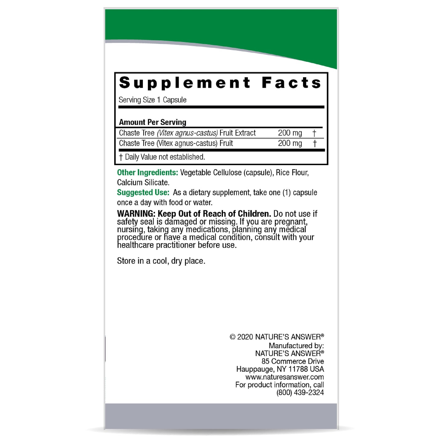 Nature's Answer Chasteberry Capsules - 400mg for Hormonal Balance - 90 Count