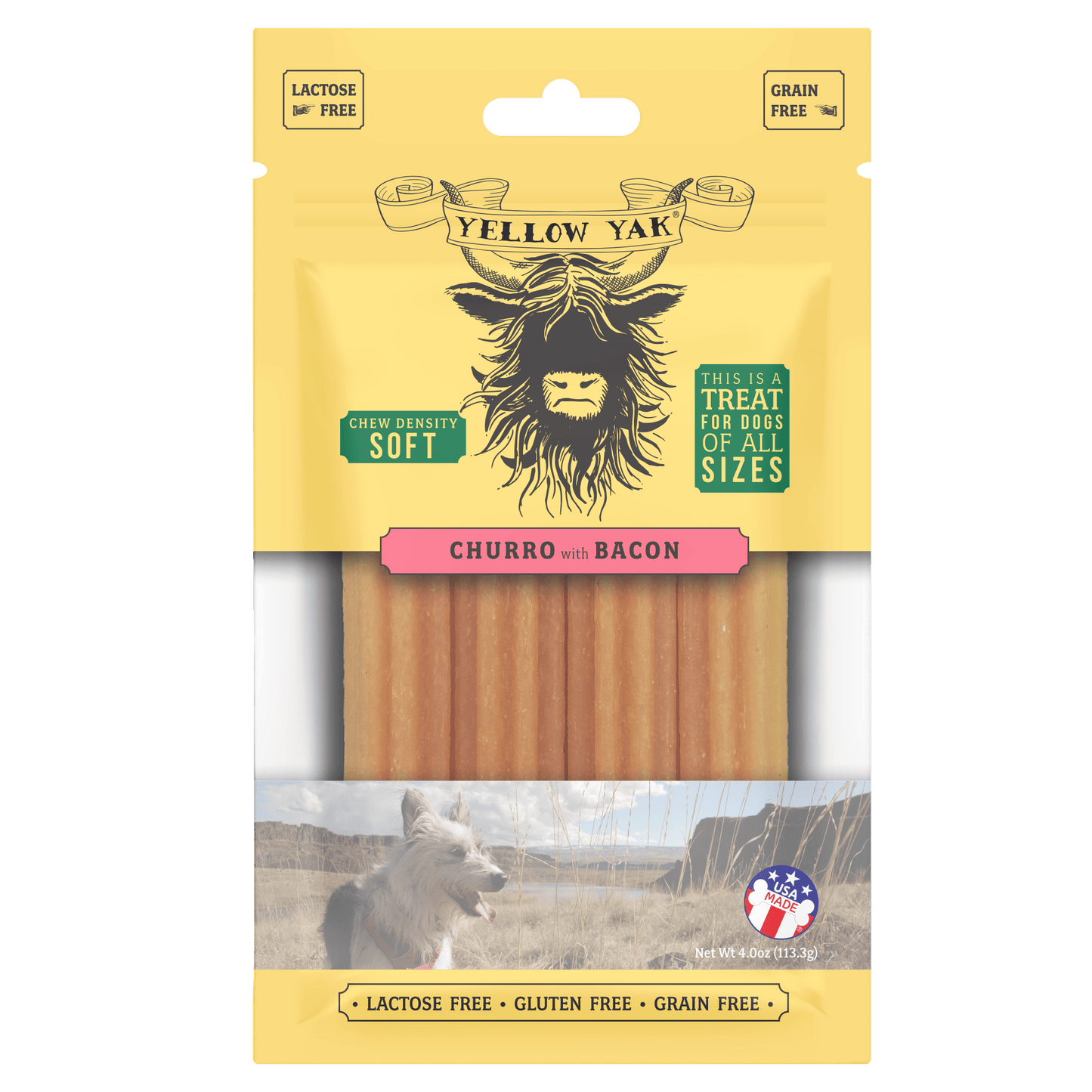 Yellow Yak Churro Bacon Soft & Dense Chews (Pack of 6 - 4 Oz)