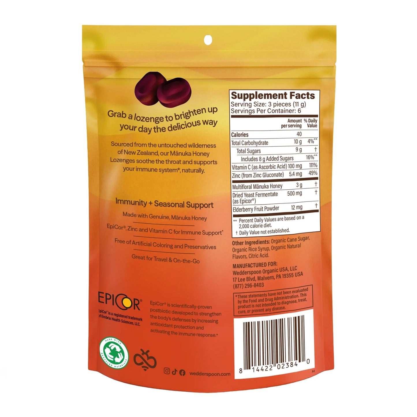 Wedderspoon Manuka Honey Elderberry Lozenges, Case of 6, 2.6 oz