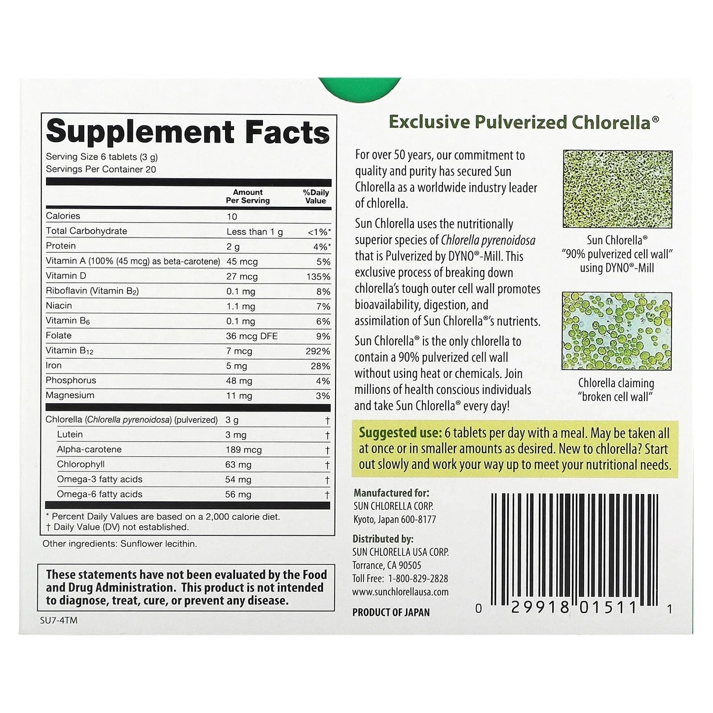 Sun Chlorella A Tablets, 500 mg, Pack of 120, Pure Chlorella Superfood Supplement