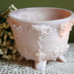 Pink Milk Glass Footed Fruit Bowl. Modern Quilt Pattern on the Outside of a Bowl. Floral Design Inside a Bowl.