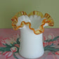 Fenton Milk Glass Vase or Jar with Clear Amber Crest Ruffled Edge
