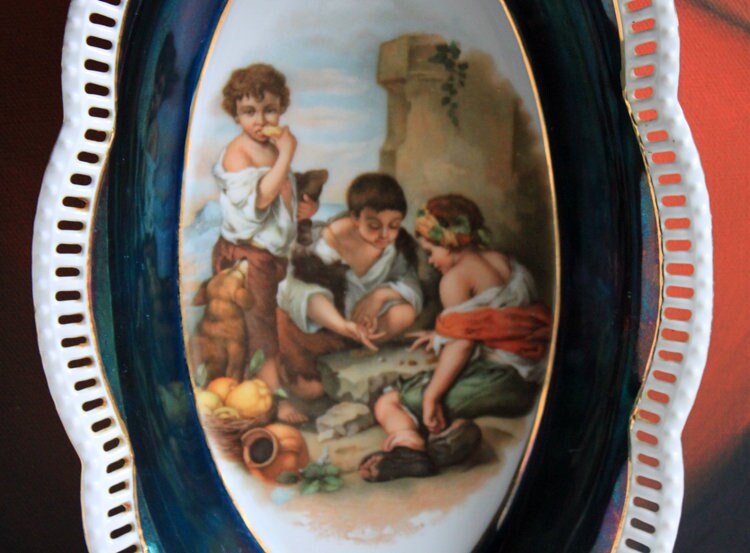 Antique Bavarian Porcelain Bowl, Children Playing Scene, Scalloped Rim