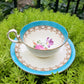 Antique Aynsley English Bone China Tea Cup & Saucer - Turquoise Floral, Cabbage Rose Pattern