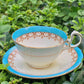 Antique Aynsley English Bone China Tea Cup & Saucer - Turquoise Floral, Cabbage Rose Pattern