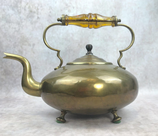 Antique Brass Kettle with Yellow Glass Handle, Footed Teapot, Home Decor
