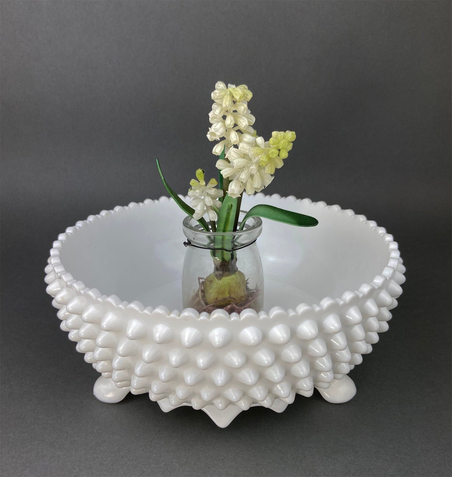 Vintage Milk Glass Footed Candy Bowl, Grape Motif, Ruffled Rim