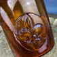 Vintage Brown Decanter with Drop Stopper, Hand Blown Glass, Fleur de Lis