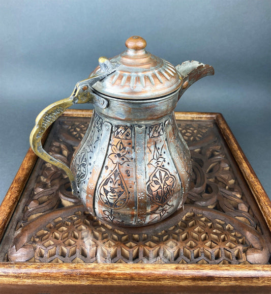 Vintage Turkish Copper Coffee Pot with Lid, Hand Hammered Decor