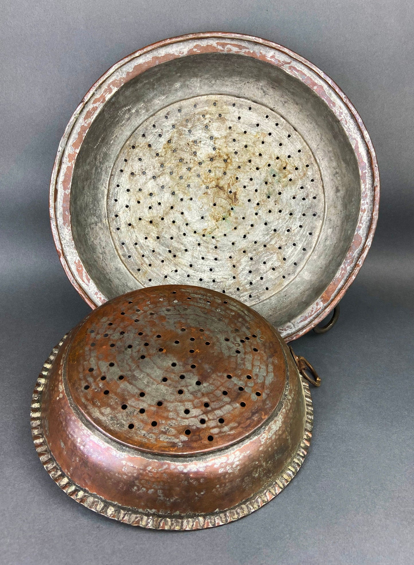 Antique Extra Large Sieves. Rustic Hand Hammered Home Decoration. Set of Two, Large, Primitive Hand Pounded Strainers