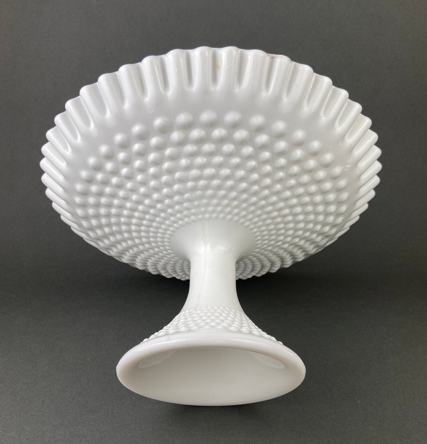 Milk Glass Hobnail Footed Bowl, Ruffled Edge Serving Dish