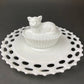 Vintage Westmoreland Milk Glass Cat Covered Dish. Trinket Condiment Serving Dish. Bath Display. Reticulated Lacey Edge. Gift for Cat Lover.