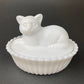 Vintage Westmoreland Milk Glass Cat Covered Dish. Trinket Condiment Serving Dish. Bath Display. Reticulated Lacey Edge. Gift for Cat Lover.