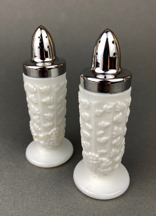 Milk Glass Salt and Pepper Shakers in Grape Vine Motif