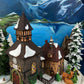 Christmas Village Cedar Valley Chapel Towne Series. Illuminated Blue Church with Stained Glass Window. Santa's Workbench. Night Light.
