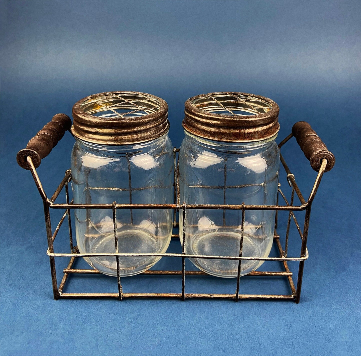 Collection of Rustic, Clear Glass Jars & Bottles with Metal Wire Baskets. Three Sets of Flower Vases or Candle Holders. Modern Farmhouse.
