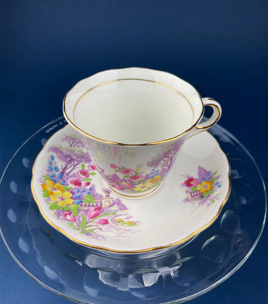Vintage Colclough Fine Bone China Tea Cup and Saucer, Hand Painted Pastoral Scene