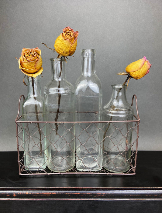 Vintage Glass Apothecary Bottles. Flower Vases in a Metal Basket.  Four Collectible Bottles For Shabby Chic Home, Cafe or Store Display.