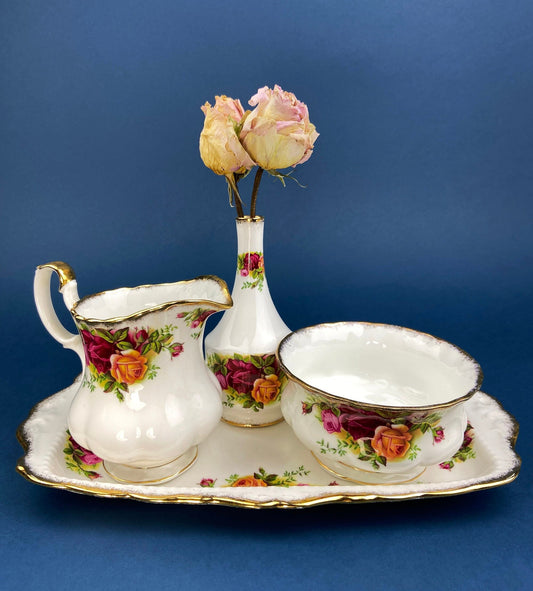 Royal Albert Old Country Roses Breakfast Set, Creamer, Sugar Bowl, Vase, Made in England