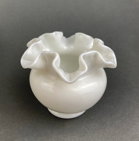 Small Milk Glass Vase With Ruffled Edge. Round Flower Vase. White Bedroom Decor. Collectible Milk Glass.