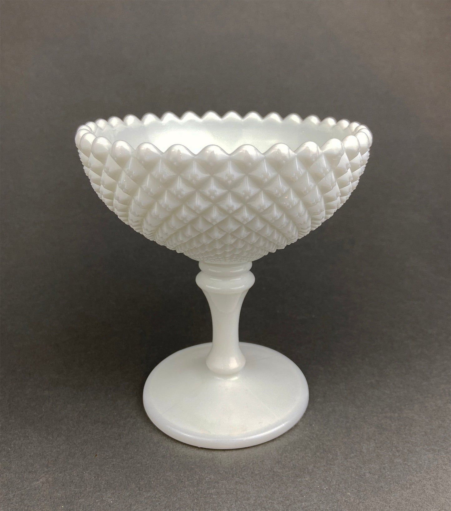 Vintage Milk Glass Compote or Footed Bowl. White Glass Candy Dish. Trinket Dish. Waffle Pattern with Scalloped Reticulated Edge.