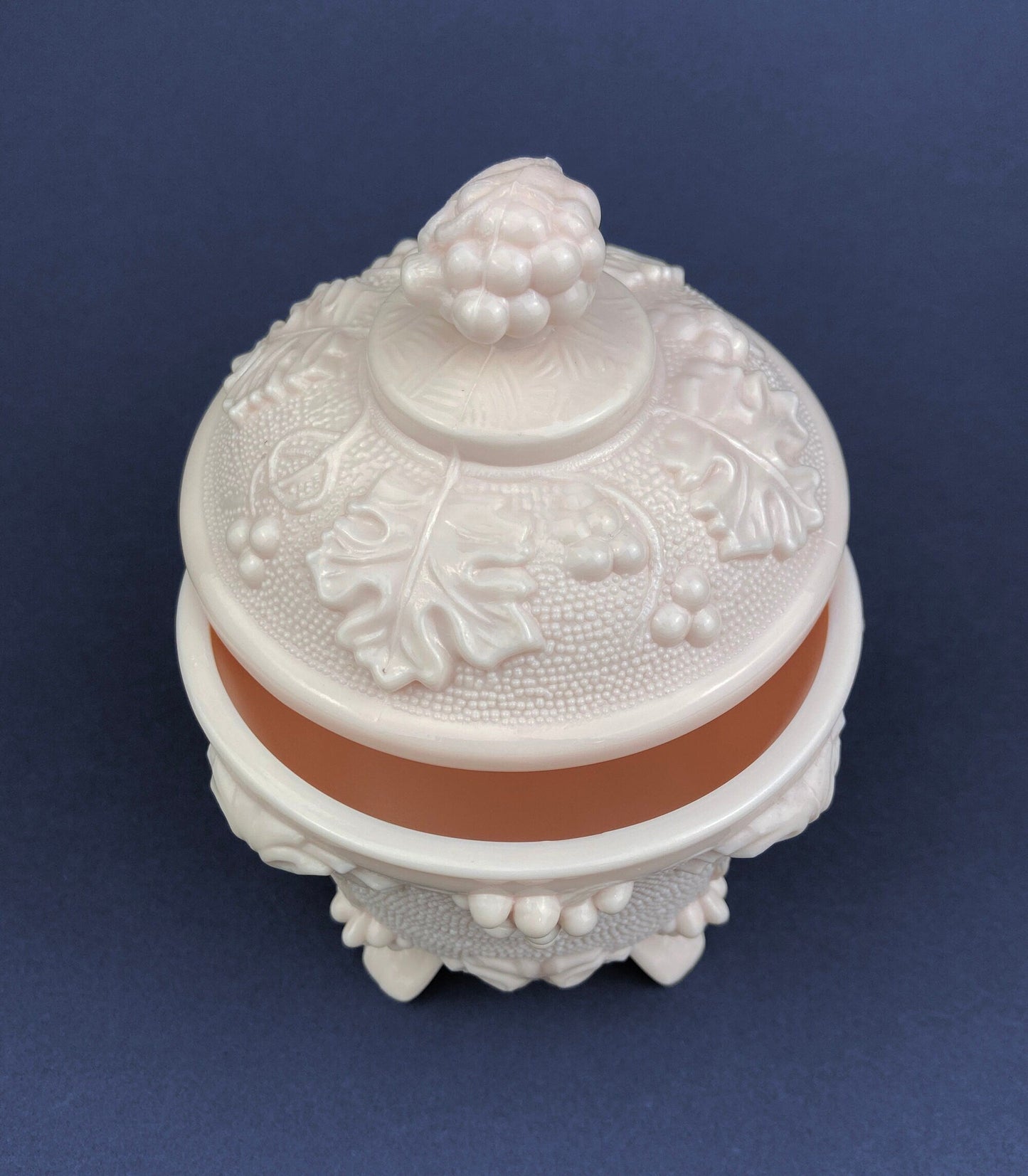 Pink Milk Glass Candy Dish with Lid, Grape Vine Motif