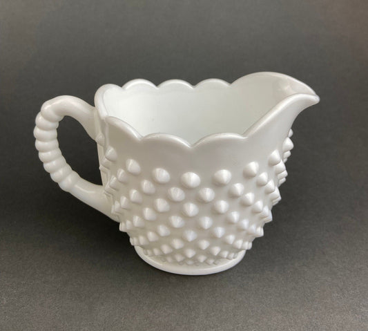 Vintage Milk Glass Creamer, Hobnail Scalloped Sauce Dish