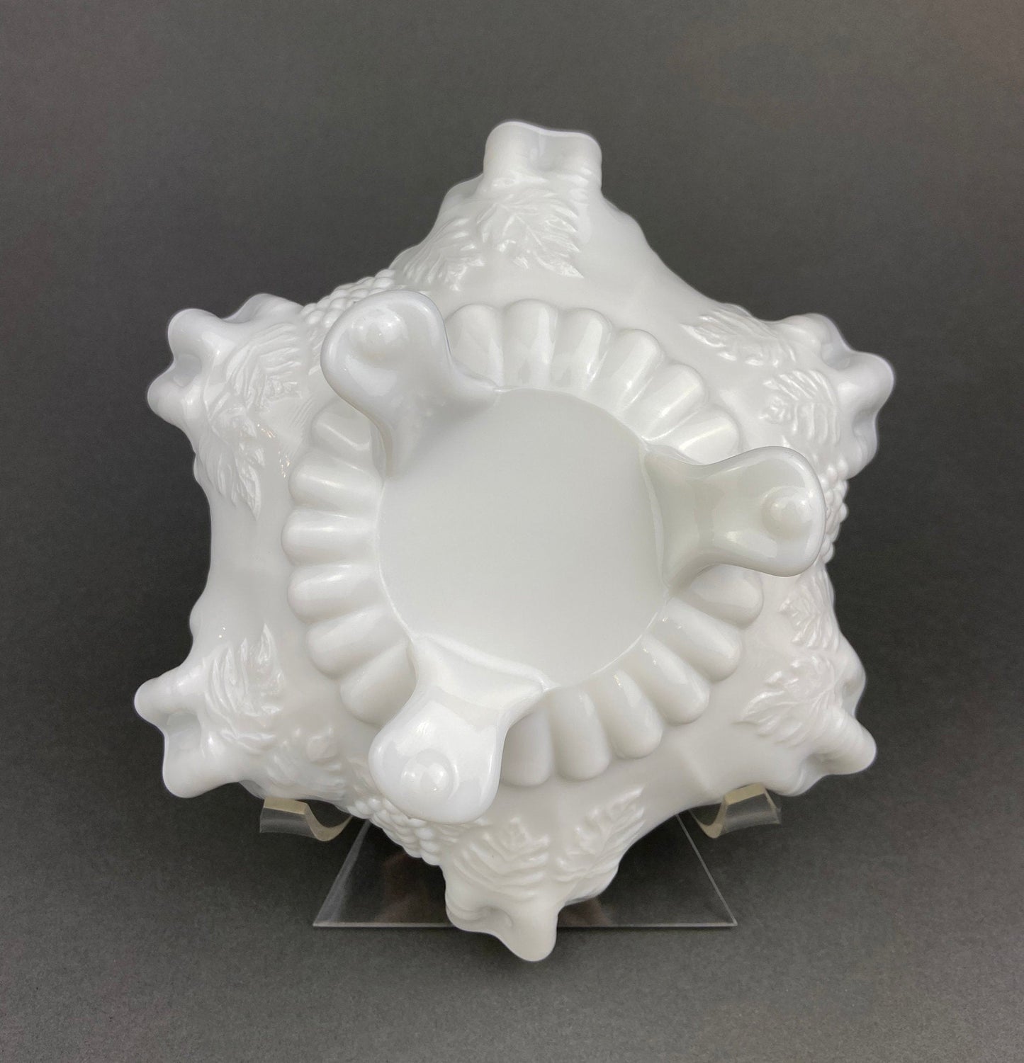 Vintage Milk Glass Footed Candy Bowl, Grape Motif, Ruffled Rim