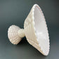 Pink Milk Glass Footed Fruit Bowl. Modern Quilt Pattern on the Outside of a Bowl. Floral Design Inside a Bowl.