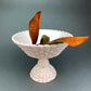 Pink Milk Glass Footed Fruit Bowl. Modern Quilt Pattern on the Outside of a Bowl. Floral Design Inside a Bowl.