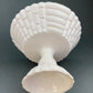 Pink Milk Glass Footed Fruit Bowl. Modern Quilt Pattern on the Outside of a Bowl. Floral Design Inside a Bowl.