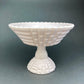 Pink Milk Glass Footed Fruit Bowl. Modern Quilt Pattern on the Outside of a Bowl. Floral Design Inside a Bowl.