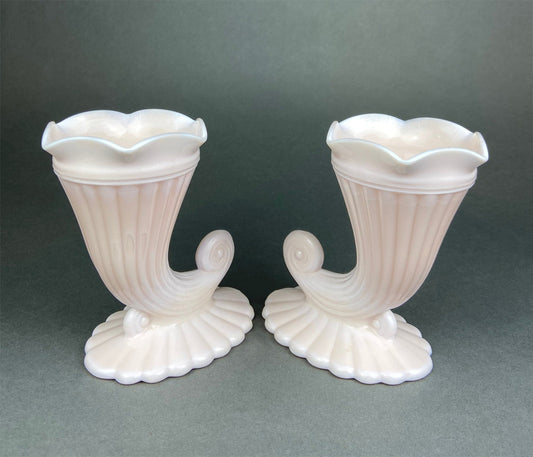 Vintage Pink Milk Glass Horn Vases, Pair of Cornucopia Centerpieces