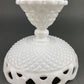 Vintage Milk Glass Compote or Footed Bowl. White Glass Candy Dish. Trinket Dish. Waffle Pattern with Scalloped Reticulated Edge.
