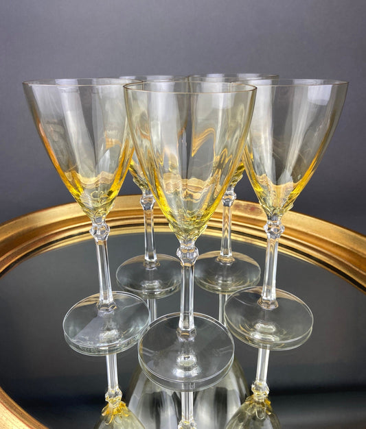 Vintage Fostoria Crystal Topaz Wine Glasses. Light Yellow Stem 5098 Glasses. Set of Five. Fine Table Glassware. Gold Table Decor.