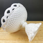 Vintage Milk Glass Compote or Footed Bowl. White Glass Candy Dish. Trinket Dish. Waffle Pattern with Scalloped Reticulated Edge.