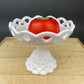 Vintage Milk Glass Compote or Footed Bowl. White Glass Candy Dish. Trinket Dish. Waffle Pattern with Scalloped Reticulated Edge.