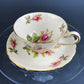Vintage Moss Rose Porcelain Tea Cup and Saucer: Gold Swirl Silhouette